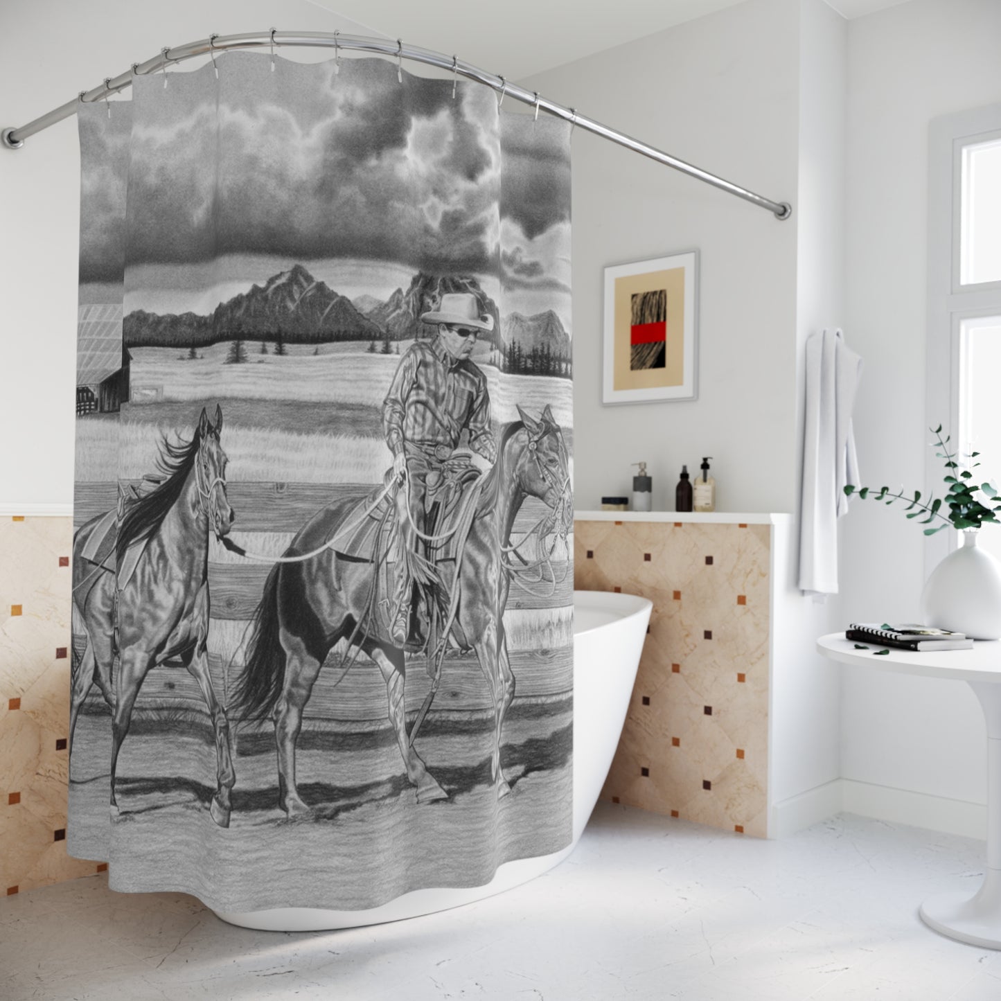 The Gift named Storm Shower Curtain — Western Ranch Black-and-White Bathroom Decor