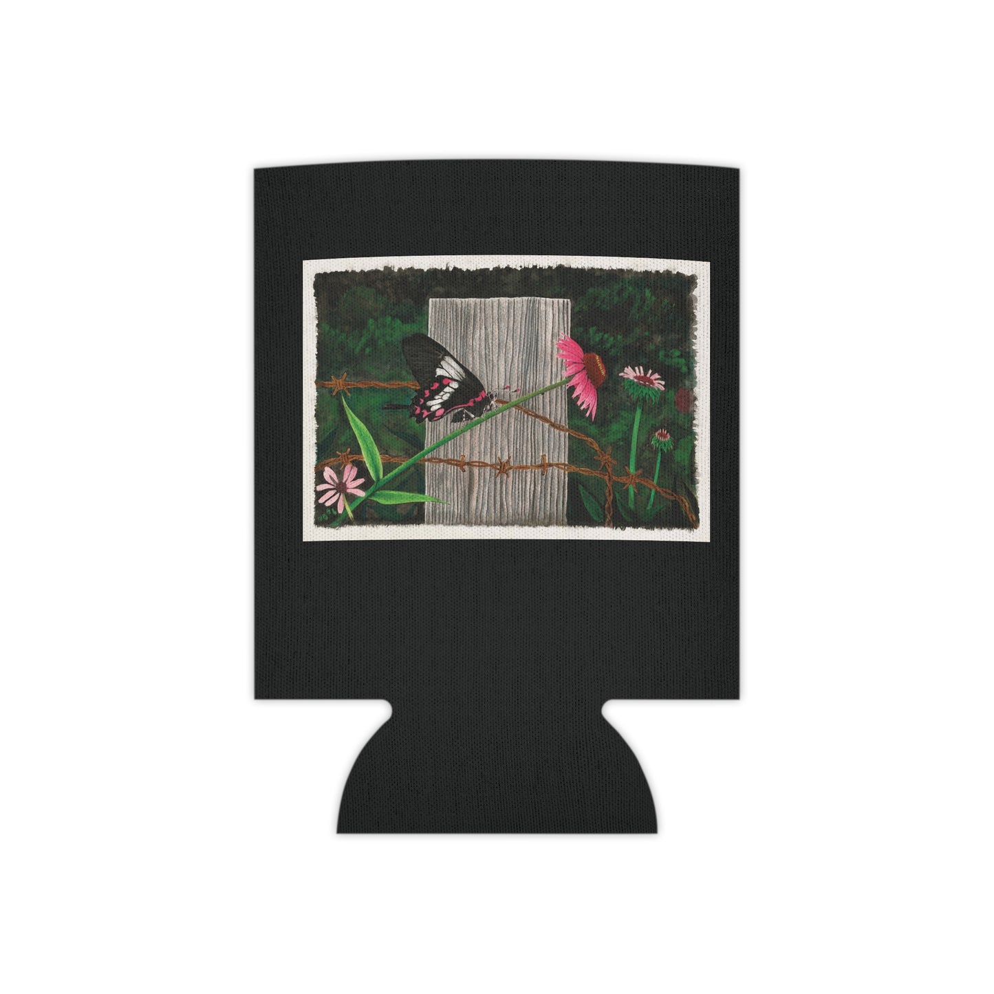 "Fence Post and Butterfly"   ,Rustic Cowboy Can Cooler, Western Beverage Sleeve, Outdoor Party Gear, Country-Themed Drink Holder, Ideal for BBQs & Tailgates