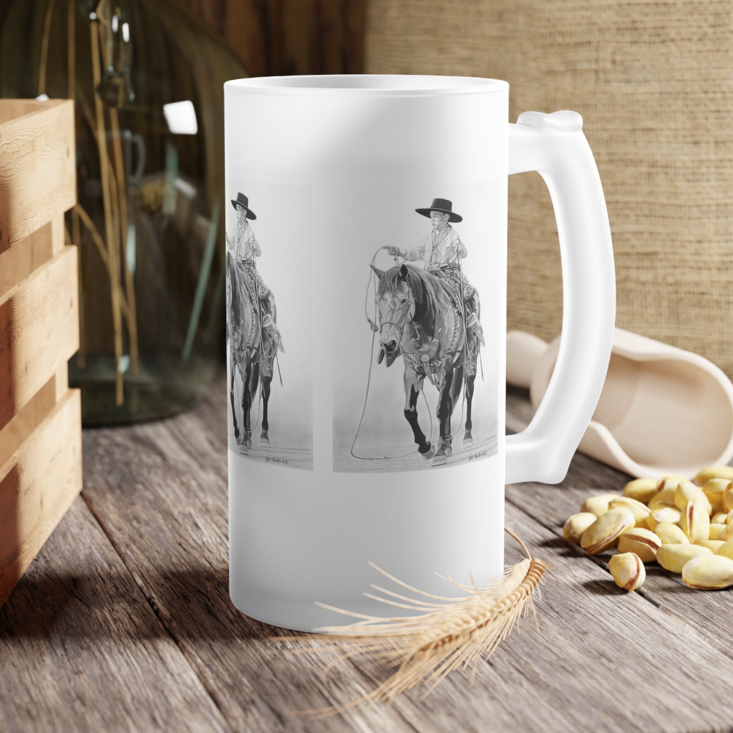 Frosted Glass Beer Mug with Vintage Art, Unique Gift for Beer Lovers, Perfect for Home or Bar, Great for Celebrations, Customizable