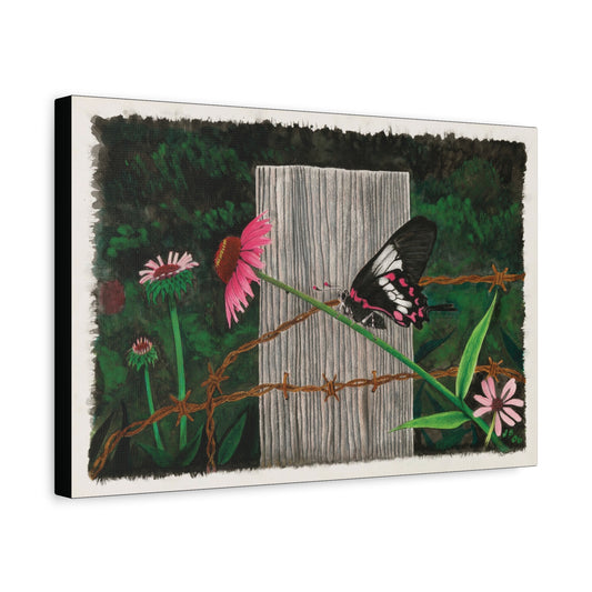 "Fence Post and Butterfly" Western art on canvas.