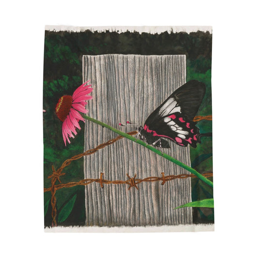 "Fence Post and Buterfly"  Cozy Cowboy Velveteen Plush Blanket | Western Decor, Gift for Horse Lovers, Camping Blanket, Soft Throw, Farmhouse Style