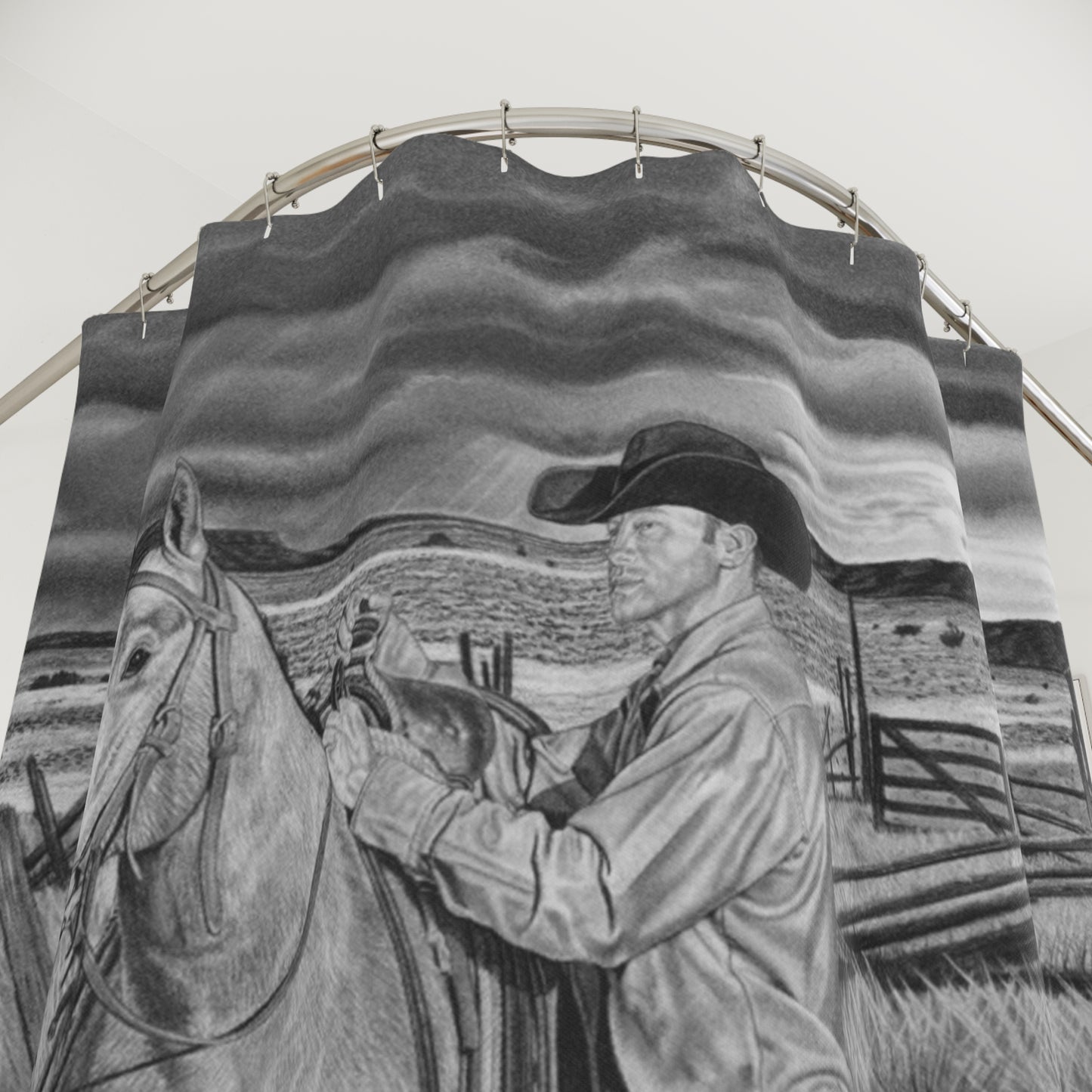 The Coming Storm  Shower Curtain — Western Ranch Black-and-White Bathroom Decor