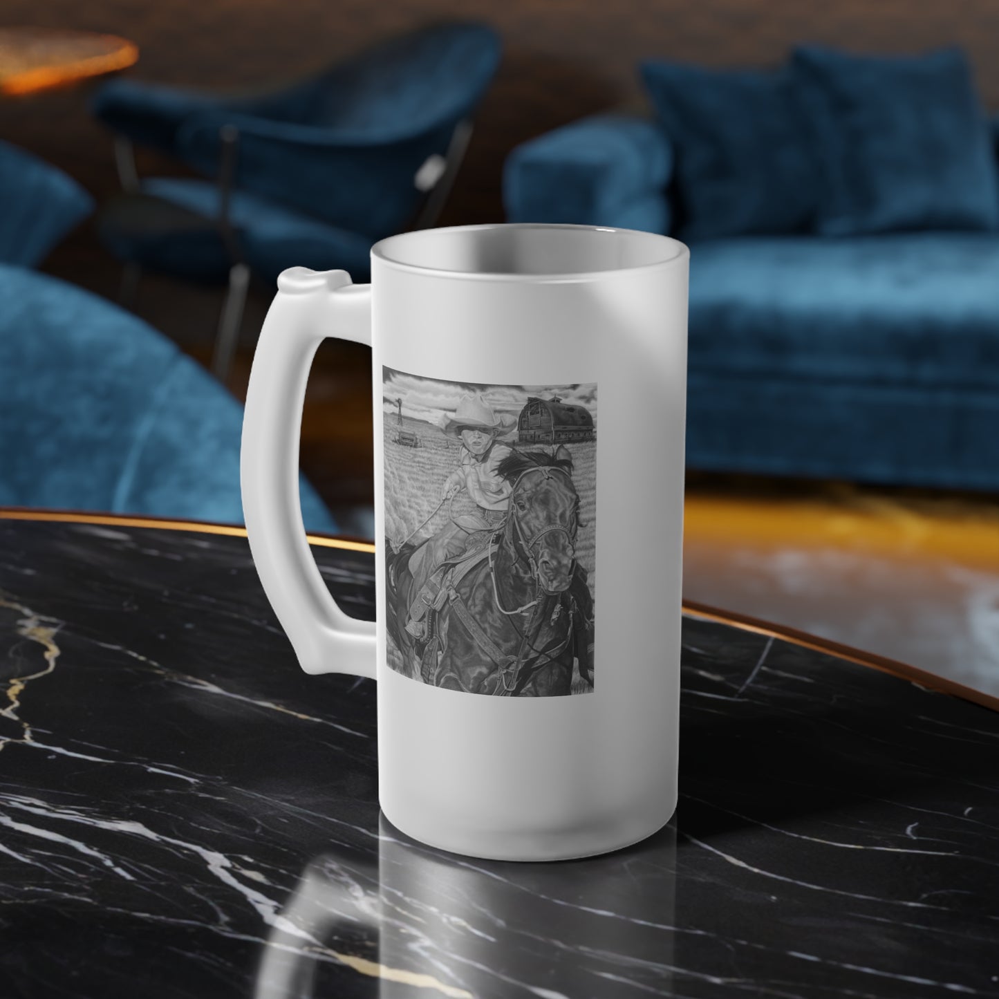 Frosted Glass Beer Mug with Vintage Art, Unique Gift for Beer Lovers, Perfect for Home or Bar, Great for Celebrations, Customizable