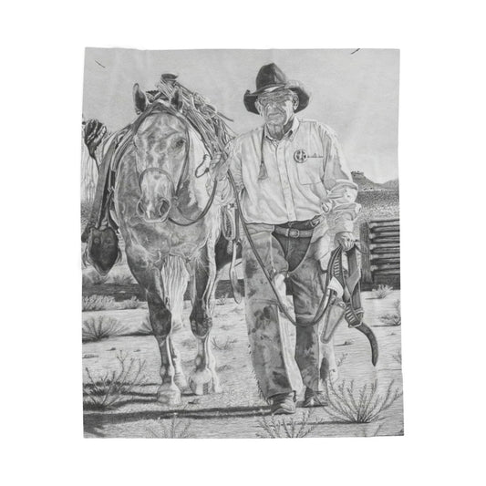 "On The Trail of The Outlaw "Cozy Cowboy Velveteen Plush Blanket | Western Decor, Gift for Horse Lovers, Camping Blanket, Soft Throw, Farmhouse Style