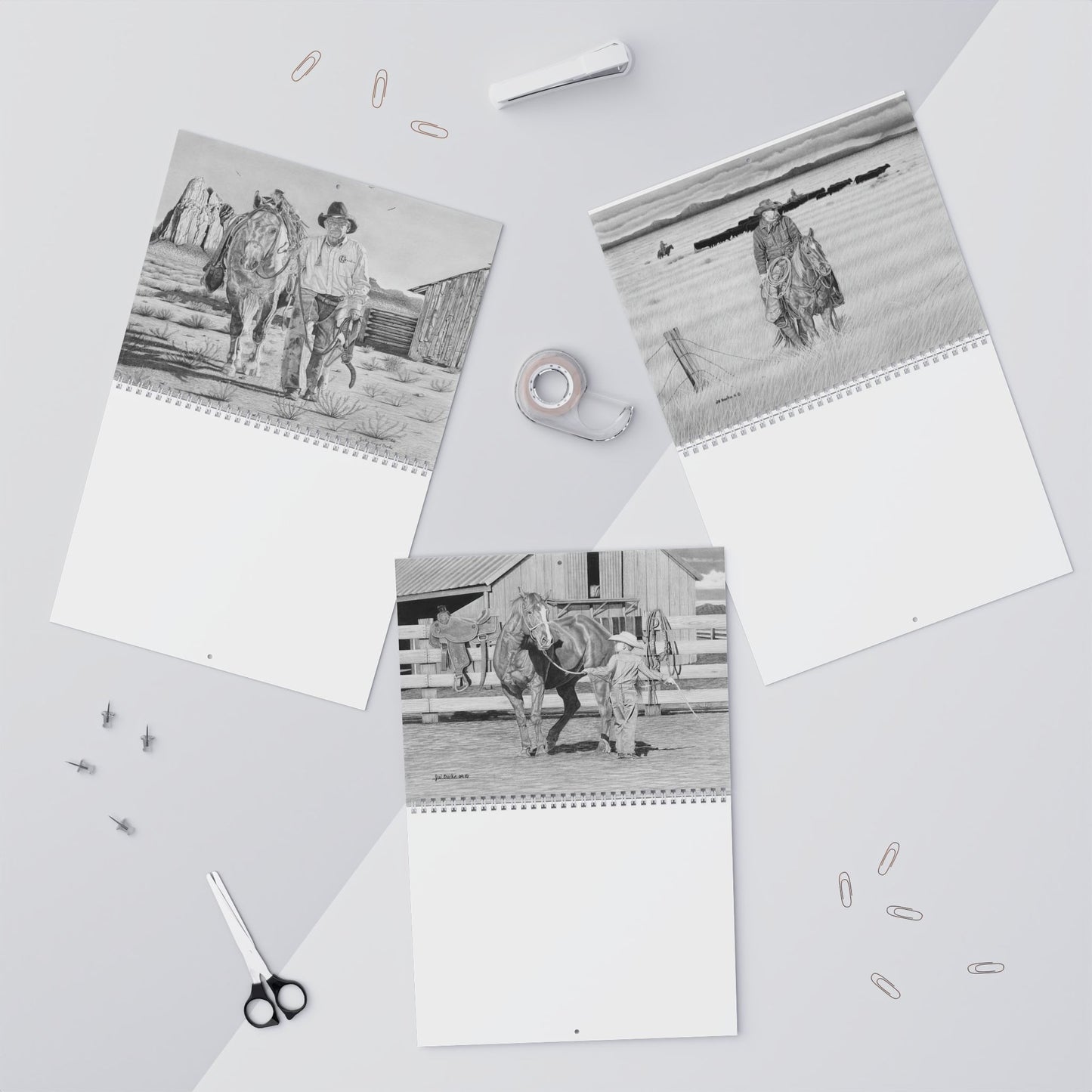 Western Cowboy Sketches Wall Calendar 2026, Horse Ranch Art Calendar