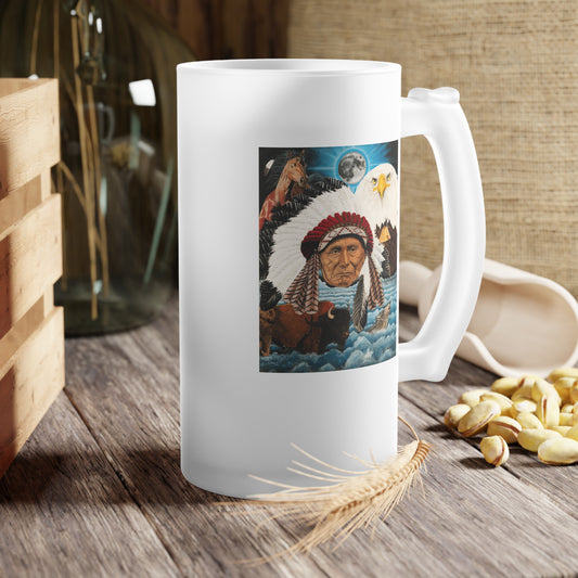 Frosted Glass Beer Mug with Vintage Art, Unique Gift for Beer Lovers, Perfect for Home or Bar, Great for Celebrations, Customizable