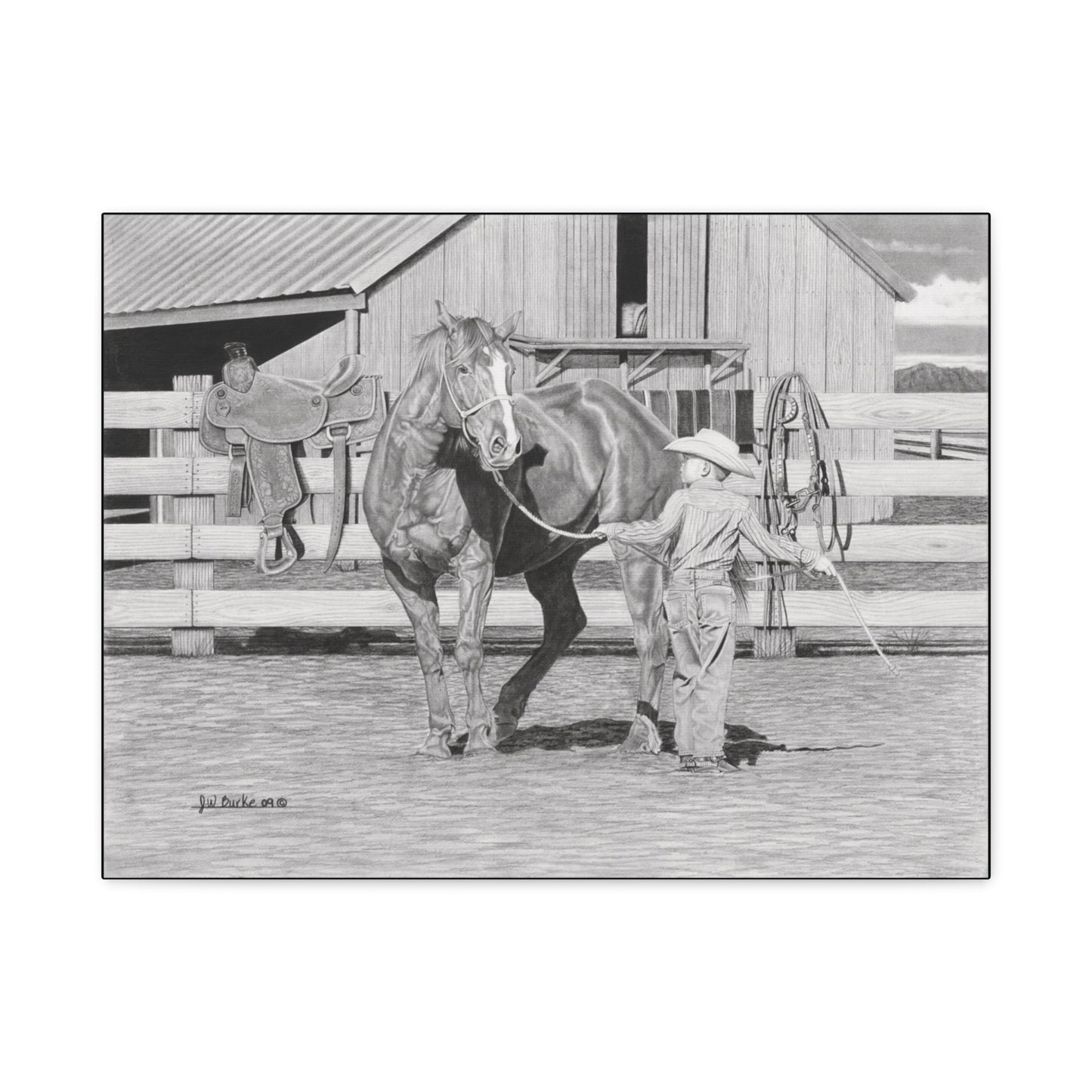 "Tall Task for a Little Cowboy" Western art on canvas.