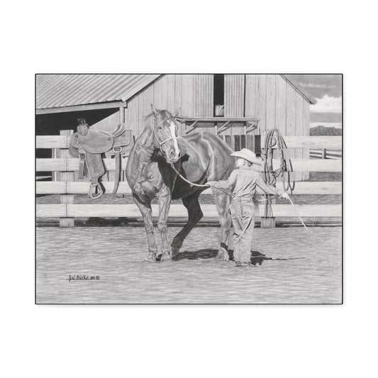 "Tall Task for a Little Cowboy" Western art on canvas.