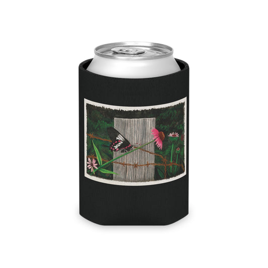 "Fence Post and Butterfly"   ,Rustic Cowboy Can Cooler, Western Beverage Sleeve, Outdoor Party Gear, Country-Themed Drink Holder, Ideal for BBQs & Tailgates