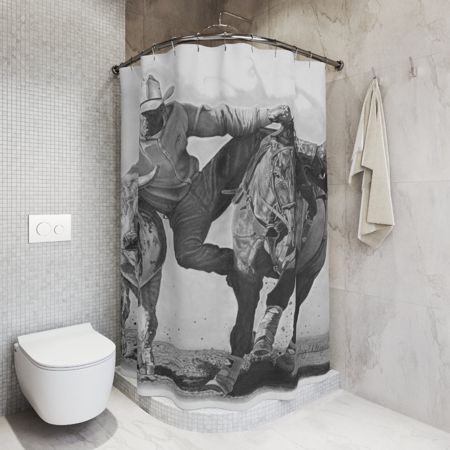 Cowboy Life #1 Shower Curtain — Western Ranch Black-and-White Bathroom Decor