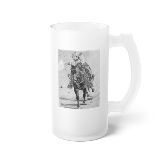 "Wild Bill Rides Again" Frosted Glass Beer Mug with Vintage Art, Unique Gift for Beer Lovers, Perfect for Home or Bar, Great for Celebrations, Customizable