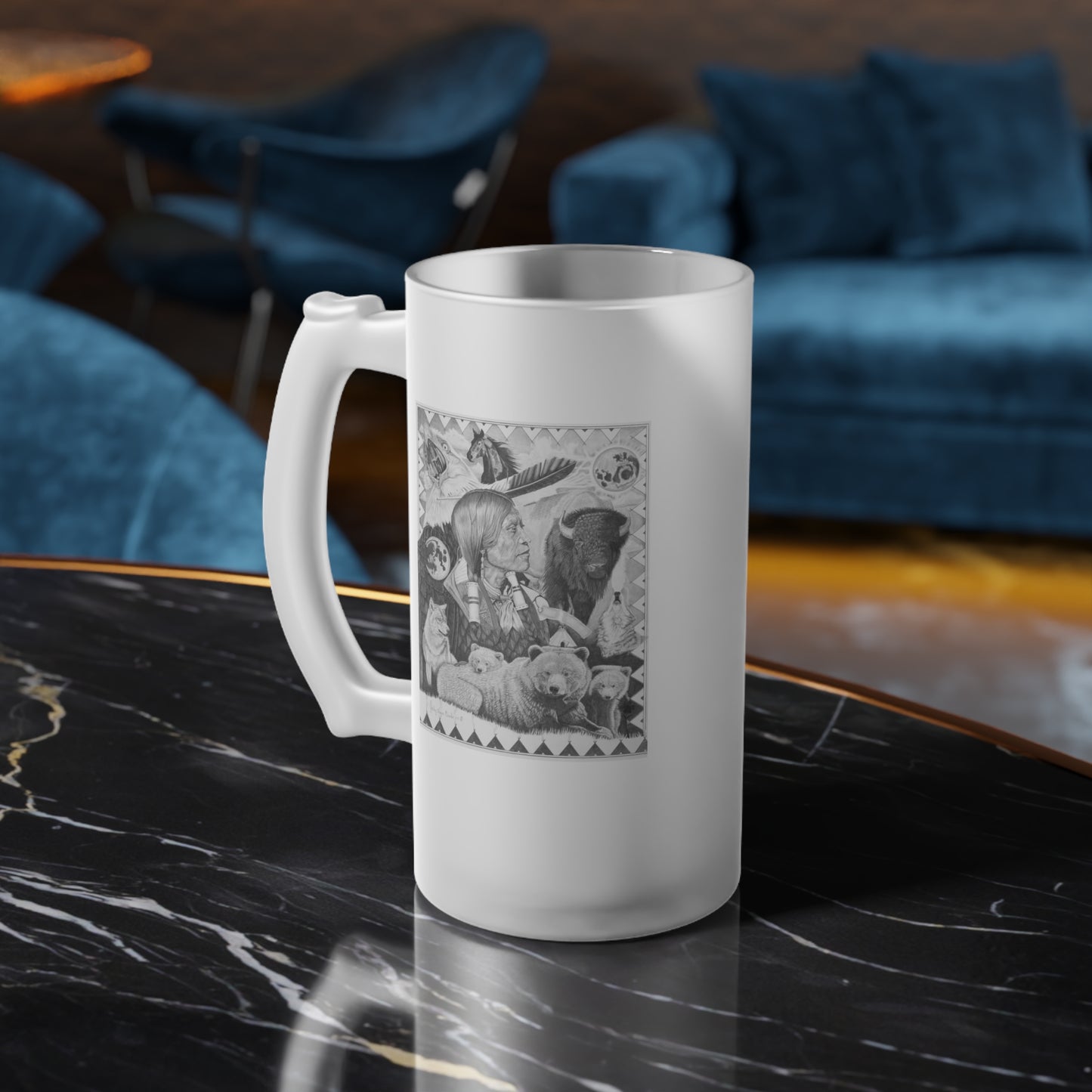 Frosted Glass Beer Mug with Vintage Art, Unique Gift for Beer Lovers, Perfect for Home or Bar, Great for Celebrations, Customizable
