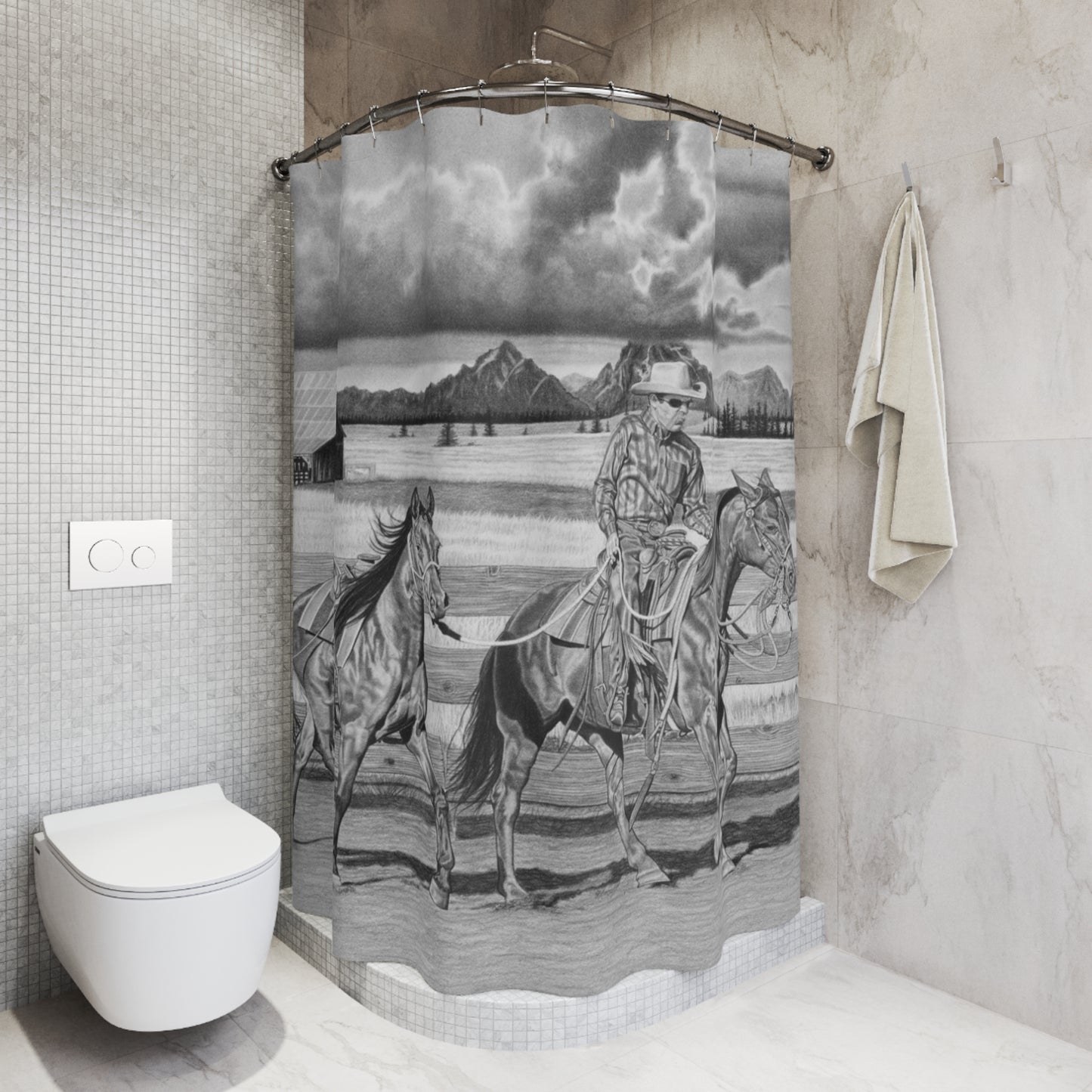 The Gift named Storm Shower Curtain — Western Ranch Black-and-White Bathroom Decor