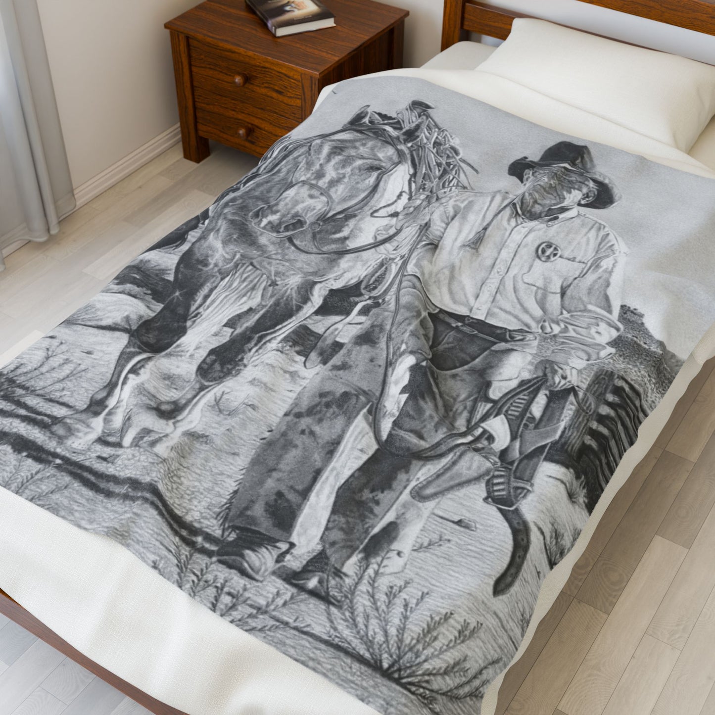 "On The Trail of The Outlaw "Cozy Cowboy Velveteen Plush Blanket | Western Decor, Gift for Horse Lovers, Camping Blanket, Soft Throw, Farmhouse Style