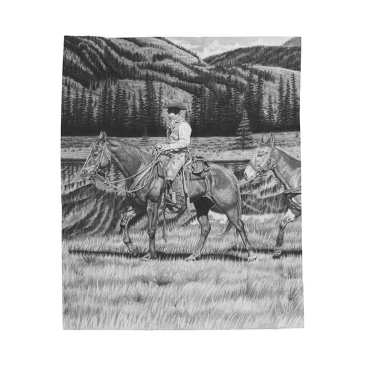 "Still Day on The Trail"  Cozy Cowboy Velveteen Plush Blanket | Western Decor, Gift for Horse Lovers, Camping Blanket, Soft Throw, Farmhouse Style