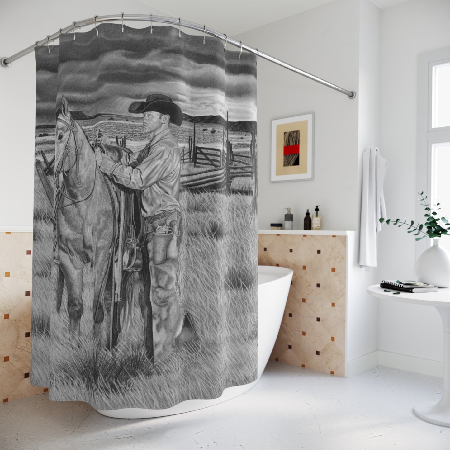 The Coming Storm  Shower Curtain — Western Ranch Black-and-White Bathroom Decor
