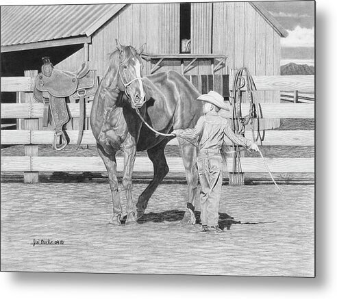 Tall Task For A Little Cowboy - Metal Print