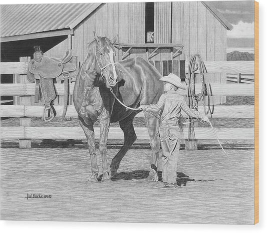 Tall Task For A Little Cowboy - Wood Print